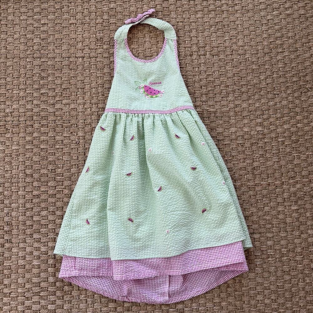 B.T. Kids Vintage Girl’s Dress Pink & Green Gingham Seersucker Watermelon Sz 5